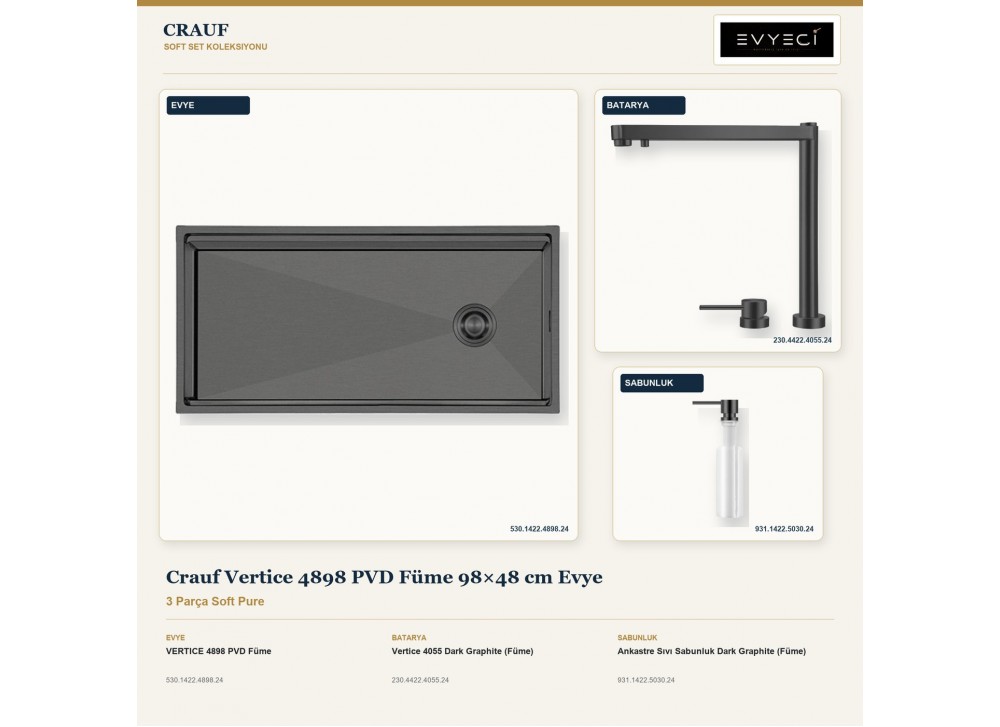 Crauf Vertice 4898 PVD Füme 98×48 cm Evye + Vertice 4055 Batarya + Aynı Renk Sabunluk | 3 Parça Soft Pure