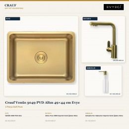 Crauf Venüs 3049 PVD Altın 49×44 cm Evye + Attivo Pure 4065 Batarya + Aynı Renk Sabunluk | 3 Parça Soft Pure