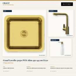 Crauf Lavello 3050 PVD Altın 49×44 cm Evye + Attivo Pure 4065 Batarya + Aynı Renk Sabunluk | 3 Parça Soft Pure