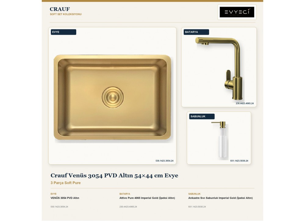 Crauf Venüs 3054 PVD Altın 54×44 cm Evye + Attivo Pure 4065 Batarya + Aynı Renk Sabunluk | 3 Parça Soft Pure Crauf Venüs 3054 PVD Altın 54×44 cm Evye + Attivo Pure 4065 Batarya + Aynı Renk Sabunluk | 3 Parça Soft Pure