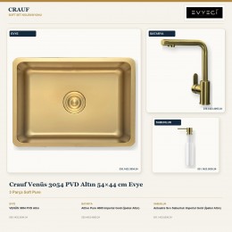 Crauf Venüs 3054 PVD Altın 54×44 cm Evye + Attivo Pure 4065 Batarya + Aynı Renk Sabunluk | 3 Parça Soft Pure