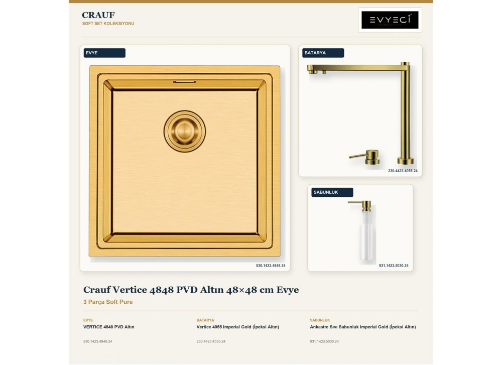 Crauf Vertice 4848 PVD Altın 48×48 cm Evye + Vertice 4055 Batarya + Aynı Renk Sabunluk | 3 Parça Soft Pure Crauf Vertice 4848 PVD Altın 48×48 cm Evye + Vertice 4055 Batarya + Aynı Renk Sabunluk | 3 Parça Soft Pure