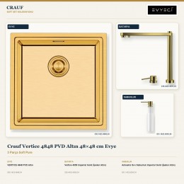 Crauf Vertice 4848 PVD Altın 48×48 cm Evye + Vertice 4055 Batarya + Aynı Renk Sabunluk | 3 Parça Soft Pure