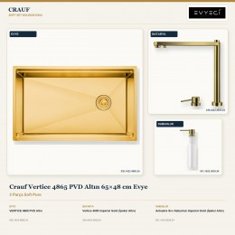 Crauf Vertice 4865 PVD Altın 65×48 cm Evye + Vertice 4055 Batarya + Aynı Renk Sabunluk | 3 Parça Soft Pure