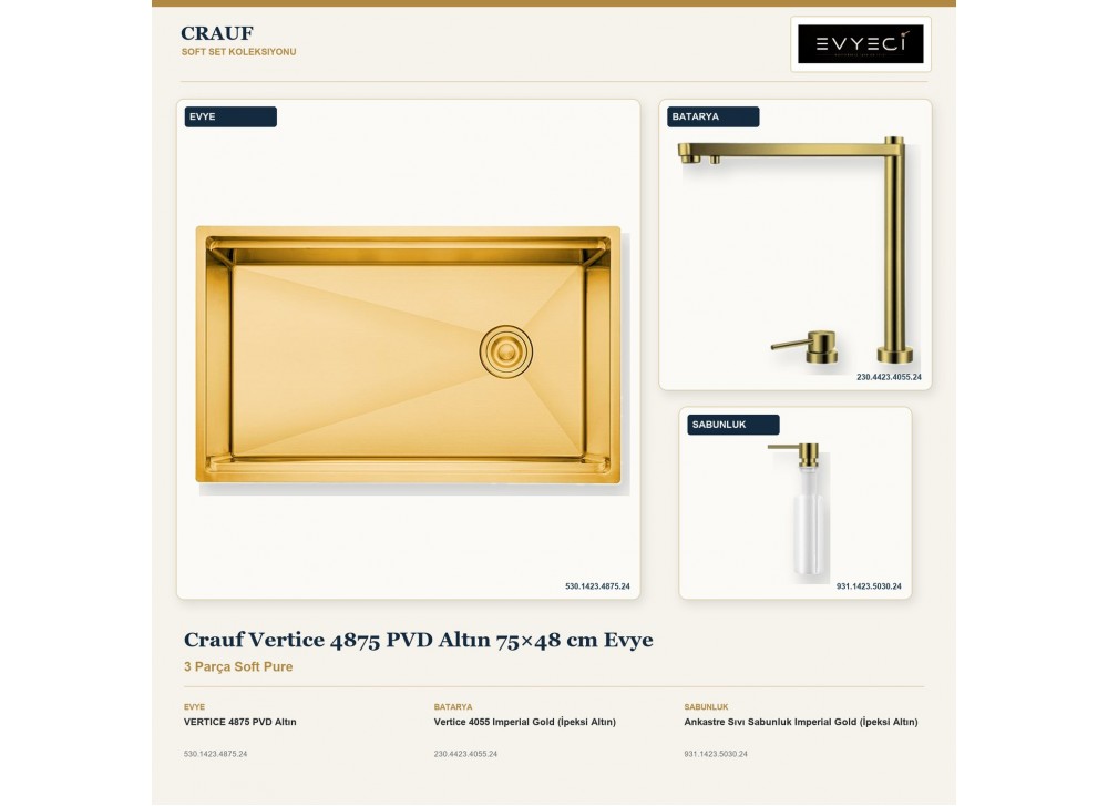 Crauf Vertice 4875 PVD Altın 75×48 cm Evye + Vertice 4055 Batarya + Aynı Renk Sabunluk | 3 Parça Soft Pure Crauf Vertice 4875 PVD Altın 75×48 cm Evye + Vertice 4055 Batarya + Aynı Renk Sabunluk | 3 Parça Soft Pure
