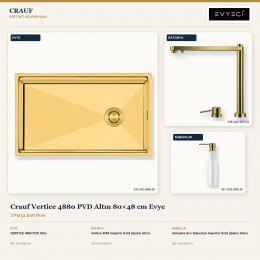 Crauf Vertice 4880 PVD Altın 80×48 cm Evye + Vertice 4055 Batarya + Aynı Renk Sabunluk | 3 Parça Soft Pure