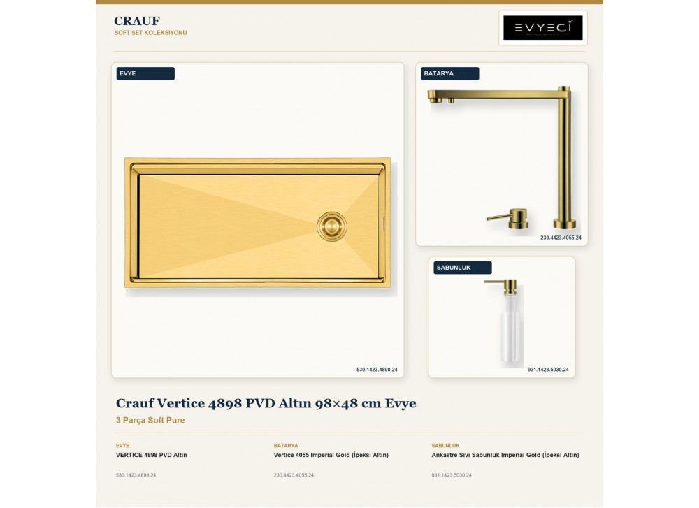 Crauf Vertice 4898 PVD Altın 98×48 cm Evye + Vertice 4055 Batarya + Aynı Renk Sabunluk | 3 Parça Soft Pure Crauf Vertice 4898 PVD Altın 98×48 cm Evye + Vertice 4055 Batarya + Aynı Renk Sabunluk | 3 Parça Soft Pure