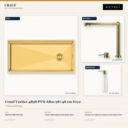 Crauf Vertice 4898 PVD Altın 98×48 cm Evye + Vertice 4055 Batarya + Aynı Renk Sabunluk | 3 Parça Soft Pure