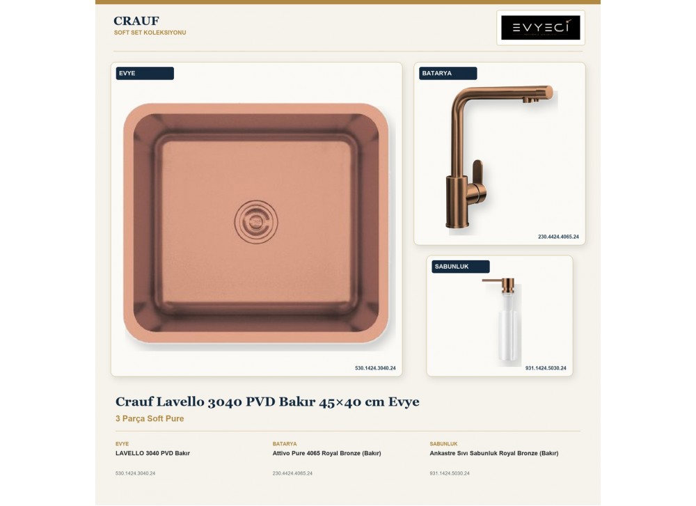 Crauf Lavello 3040 PVD Bakır 45×40 cm Evye + Attivo Pure 4065 Batarya + Aynı Renk Sabunluk | 3 Parça Soft Pure Crauf Lavello 3040 PVD Bakır 45×40 cm Evye + Attivo Pure 4065 Batarya + Aynı Renk Sabunluk | 3 Parça Soft Pure
