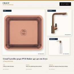 Crauf Lavello 3040 PVD Bakır 45×40 cm Evye + Attivo Pure 4065 Batarya + Aynı Renk Sabunluk | 3 Parça Soft Pure