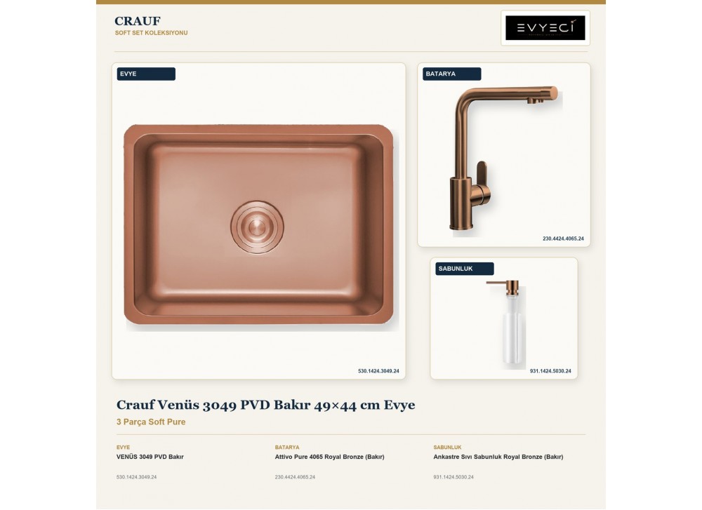 Crauf Venüs 3049 PVD Bakır 49×44 cm Evye + Attivo Pure 4065 Batarya + Aynı Renk Sabunluk | 3 Parça Soft Pure Crauf Venüs 3049 PVD Bakır 49×44 cm Evye + Attivo Pure 4065 Batarya + Aynı Renk Sabunluk | 3 Parça Soft Pure