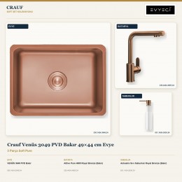 Crauf Venüs 3049 PVD Bakır 49×44 cm Evye + Attivo Pure 4065 Batarya + Aynı Renk Sabunluk | 3 Parça Soft Pure