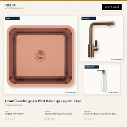 Crauf Lavello 3050 PVD Bakır 49×44 cm Evye + Attivo Pure 4065 Batarya + Aynı Renk Sabunluk | 3 Parça Soft Pure