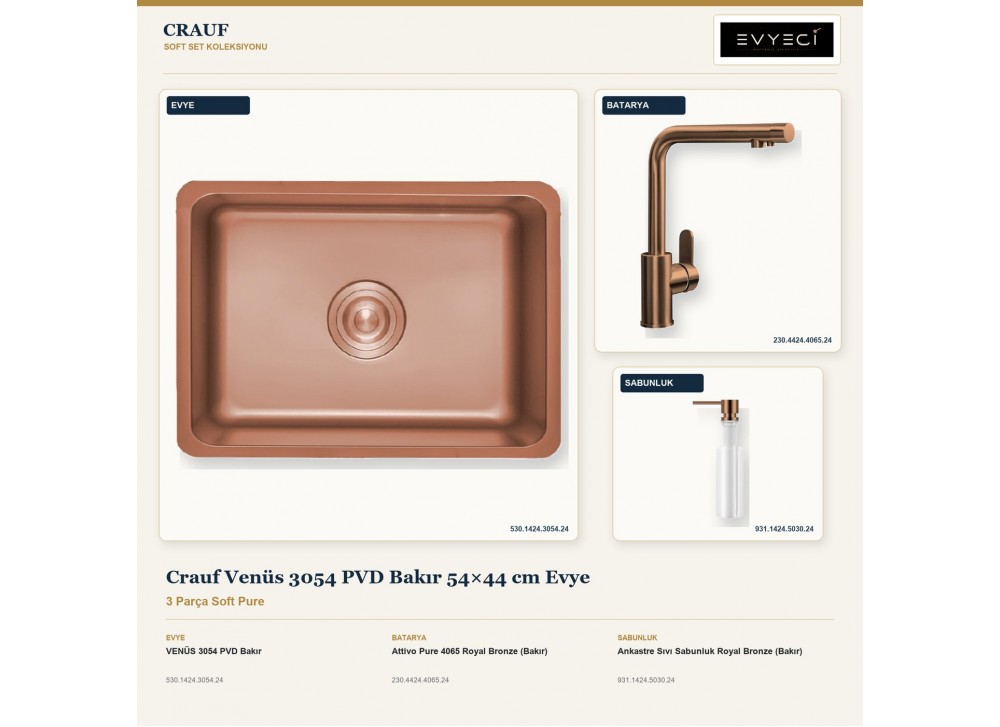 Crauf Venüs 3054 PVD Bakır 54×44 cm Evye + Attivo Pure 4065 Batarya + Aynı Renk Sabunluk | 3 Parça Soft Pure Crauf Venüs 3054 PVD Bakır 54×44 cm Evye + Attivo Pure 4065 Batarya + Aynı Renk Sabunluk | 3 Parça Soft Pure