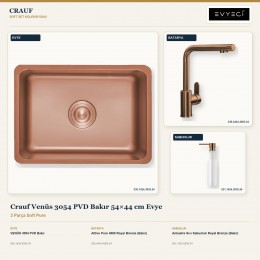 Crauf Venüs 3054 PVD Bakır 54×44 cm Evye + Attivo Pure 4065 Batarya + Aynı Renk Sabunluk | 3 Parça Soft Pure