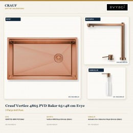Crauf Vertice 4865 PVD Bakır 65×48 cm Evye + Vertice 4055 Batarya + Aynı Renk Sabunluk | 3 Parça Soft Pure