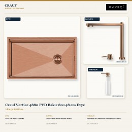 Crauf Vertice 4880 PVD Bakır 80×48 cm Evye + Vertice 4055 Batarya + Aynı Renk Sabunluk | 3 Parça Soft Pure