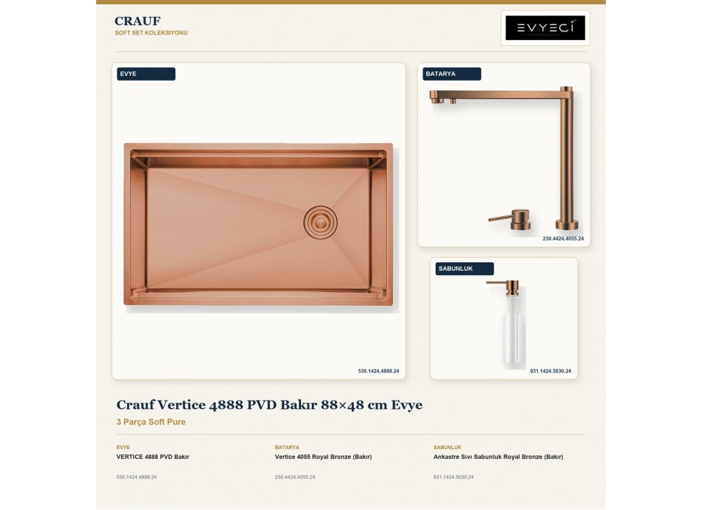 Crauf Vertice 4888 PVD Bakır 88×48 cm Evye + Vertice 4055 Batarya + Aynı Renk Sabunluk | 3 Parça Soft Pure Crauf Vertice 4888 PVD Bakır 88×48 cm Evye + Vertice 4055 Batarya + Aynı Renk Sabunluk | 3 Parça Soft Pure