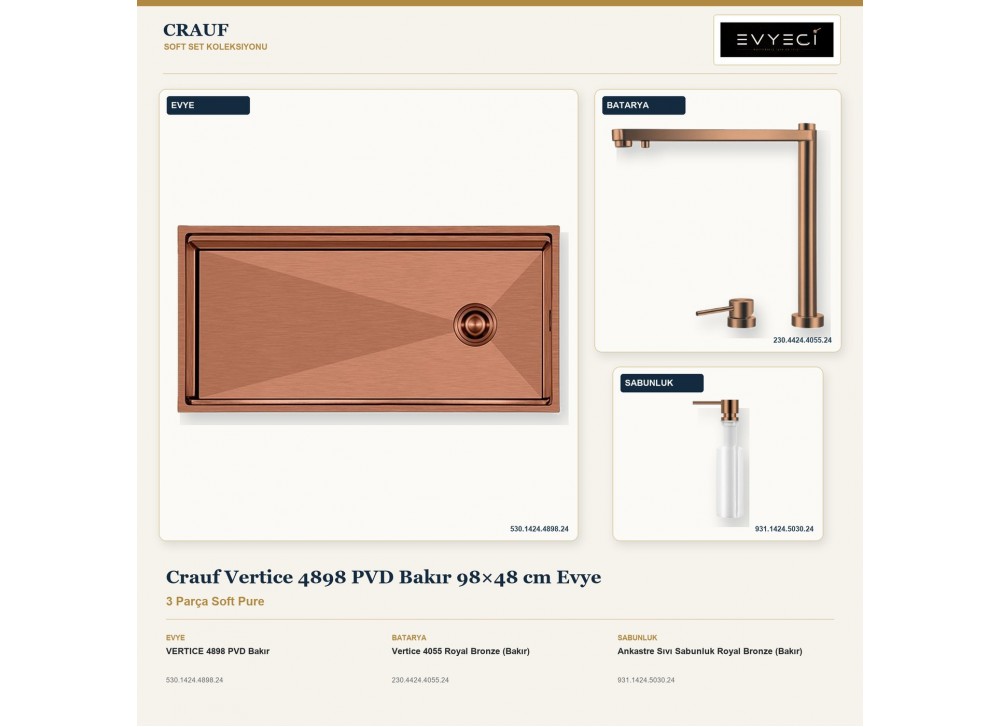 Crauf Vertice 4898 PVD Bakır 98×48 cm Evye + Vertice 4055 Batarya + Aynı Renk Sabunluk | 3 Parça Soft Pure Crauf Vertice 4898 PVD Bakır 98×48 cm Evye + Vertice 4055 Batarya + Aynı Renk Sabunluk | 3 Parça Soft Pure