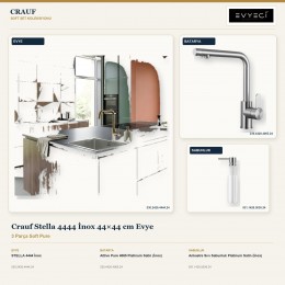 Crauf Stella 4444 İnox 44×44 cm Evye + Attivo Pure 4065 Batarya + Aynı Renk Sabunluk | 3 Parça Soft Pure