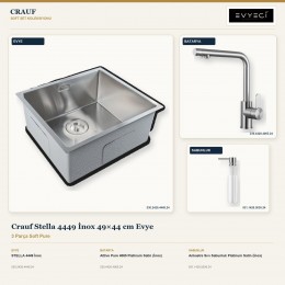 Crauf Stella 4449 İnox 49×44 cm Evye + Attivo Pure 4065 Batarya + Aynı Renk Sabunluk | 3 Parça Soft Pure