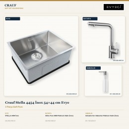 Crauf Stella 4454 İnox 54×44 cm Evye + Attivo Pure 4065 Batarya + Aynı Renk Sabunluk | 3 Parça Soft Pure