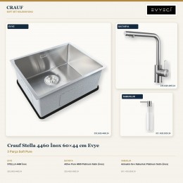 Crauf Stella 4460 İnox 60×44 cm Evye + Attivo Pure 4065 Batarya + Aynı Renk Sabunluk | 3 Parça Soft Pure