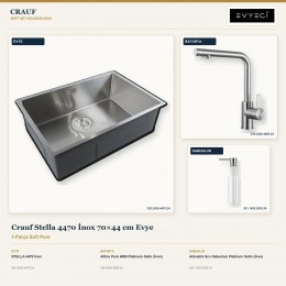 Crauf Stella 4470 İnox 70×44 cm Evye + Attivo Pure 4065 Batarya + Aynı Renk Sabunluk | 3 Parça Soft Pure