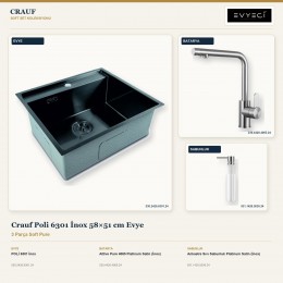 Crauf Poli 6301 İnox 58×51 cm Evye + Attivo Pure 4065 Batarya + Aynı Renk Sabunluk | 3 Parça Soft Pure
