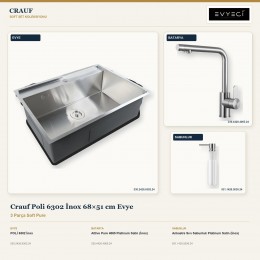 Crauf Poli 6302 İnox 68×51 cm Evye + Attivo Pure 4065 Batarya + Aynı Renk Sabunluk | 3 Parça Soft Pure