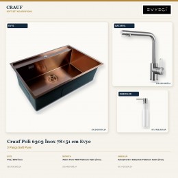 Crauf Poli 6303 İnox 78×51 cm Evye + Attivo Pure 4065 Batarya + Aynı Renk Sabunluk | 3 Parça Soft Pure