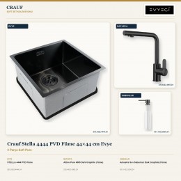 Crauf Stella 4444 PVD Füme 44×44 cm Evye + Attivo Pure 4065 Batarya + Aynı Renk Sabunluk | 3 Parça Soft Pure