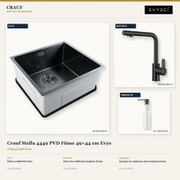 Crauf Stella 4449 PVD Füme 49×44 cm Evye + Attivo Pure 4065 Batarya + Aynı Renk Sabunluk | 3 Parça Soft Pure