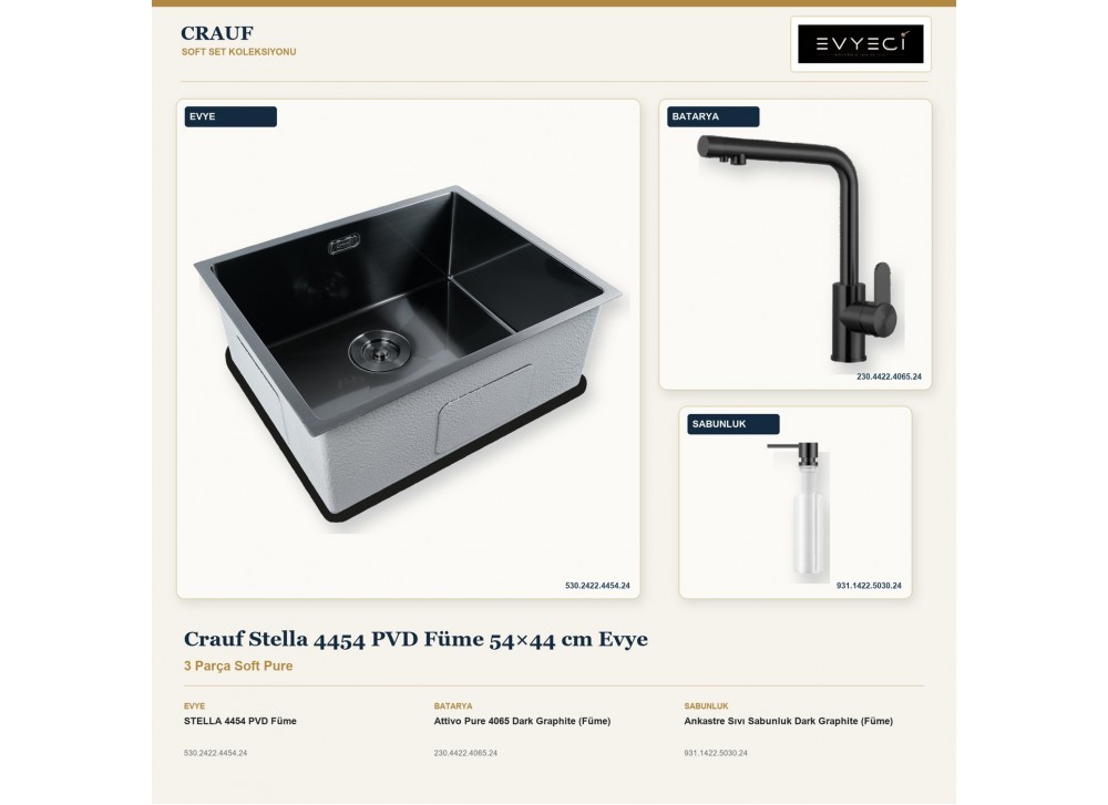 Crauf Stella 4454 PVD Füme 54×44 cm Evye + Attivo Pure 4065 Batarya + Aynı Renk Sabunluk | 3 Parça Soft Pure Crauf Stella 4454 PVD Füme 54×44 cm Evye + Attivo Pure 4065 Batarya + Aynı Renk Sabunluk | 3 Parça Soft Pure