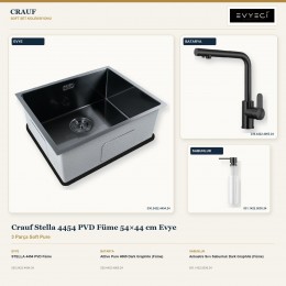 Crauf Stella 4454 PVD Füme 54×44 cm Evye + Attivo Pure 4065 Batarya + Aynı Renk Sabunluk | 3 Parça Soft Pure
