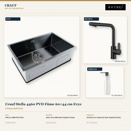 Crauf Stella 4460 PVD Füme 60×44 cm Evye + Attivo Pure 4065 Batarya + Aynı Renk Sabunluk | 3 Parça Soft Pure