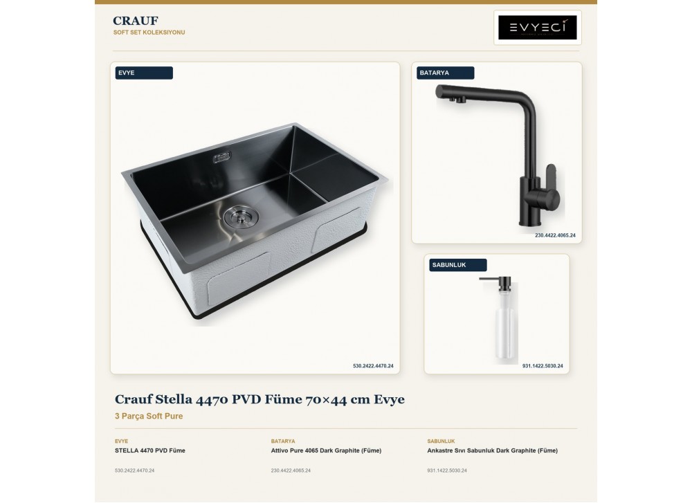 Crauf Stella 4470 PVD Füme 70×44 cm Evye + Attivo Pure 4065 Batarya + Aynı Renk Sabunluk | 3 Parça Soft Pure Crauf Stella 4470 PVD Füme 70×44 cm Evye + Attivo Pure 4065 Batarya + Aynı Renk Sabunluk | 3 Parça Soft Pure