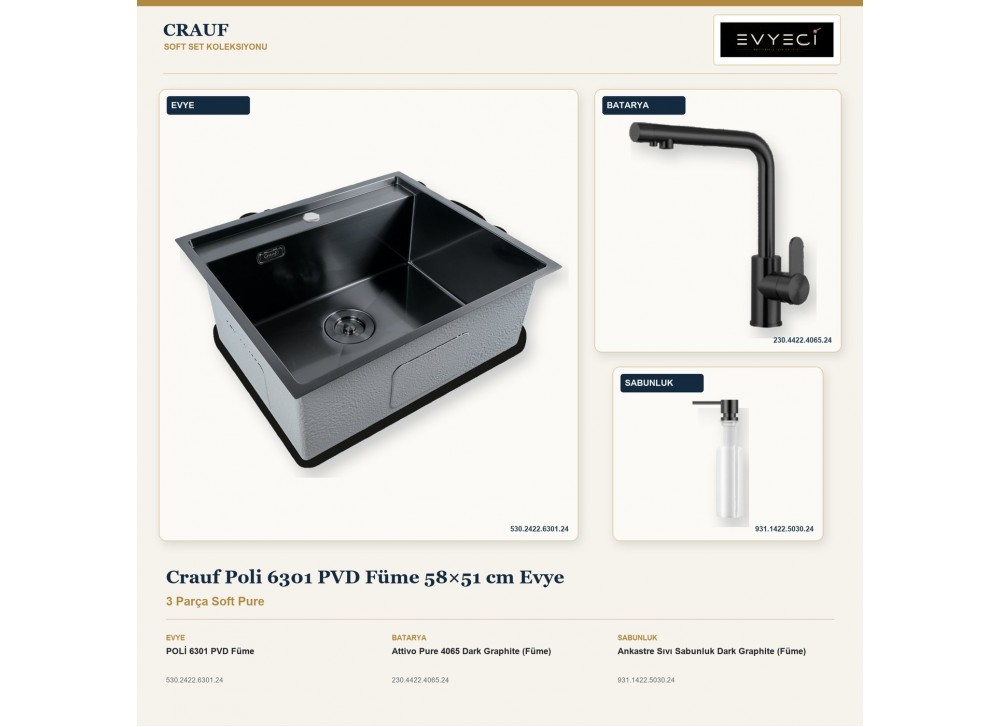 Crauf Poli 6301 PVD Füme 58×51 cm Evye + Attivo Pure 4065 Batarya + Aynı Renk Sabunluk | 3 Parça Soft Pure Crauf Poli 6301 PVD Füme 58×51 cm Evye + Attivo Pure 4065 Batarya + Aynı Renk Sabunluk | 3 Parça Soft Pure