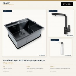 Crauf Poli 6301 PVD Füme 58×51 cm Evye + Attivo Pure 4065 Batarya + Aynı Renk Sabunluk | 3 Parça Soft Pure