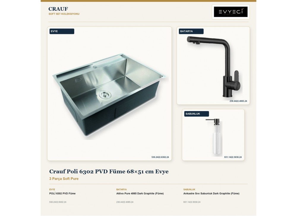 Crauf Poli 6302 PVD Füme 68×51 cm Evye + Attivo Pure 4065 Batarya + Aynı Renk Sabunluk | 3 Parça Soft Pure