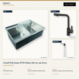 Crauf Poli 6302 PVD Füme 68×51 cm Evye + Attivo Pure 4065 Batarya + Aynı Renk Sabunluk | 3 Parça Soft Pure