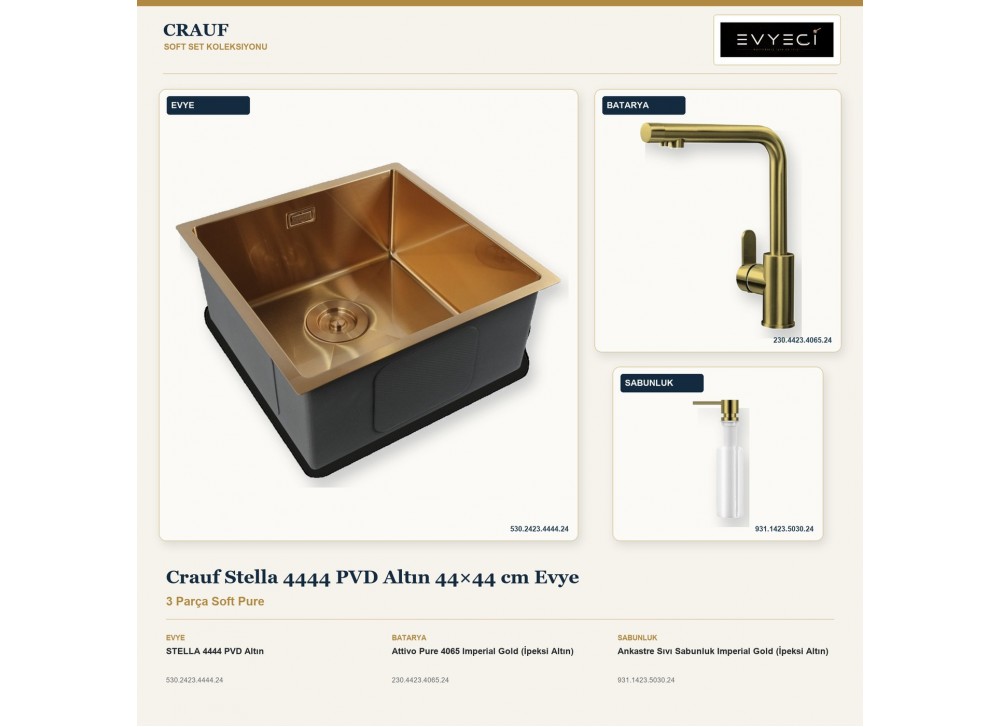 Crauf Stella 4444 PVD Altın 44×44 cm Evye + Attivo Pure 4065 Batarya + Aynı Renk Sabunluk | 3 Parça Soft Pure Crauf Stella 4444 PVD Altın 44×44 cm Evye + Attivo Pure 4065 Batarya + Aynı Renk Sabunluk | 3 Parça Soft Pure