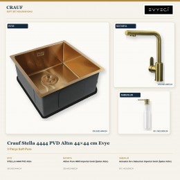 Crauf Stella 4444 PVD Altın 44×44 cm Evye + Attivo Pure 4065 Batarya + Aynı Renk Sabunluk | 3 Parça Soft Pure