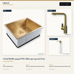 Crauf Stella 4449 PVD Altın 49×44 cm Evye + Attivo Pure 4065 Batarya + Aynı Renk Sabunluk | 3 Parça Soft Pure