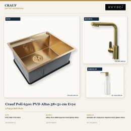 Crauf Poli 6301 PVD Altın 58×51 cm Evye + Attivo Pure 4065 Batarya + Aynı Renk Sabunluk | 3 Parça Soft Pure