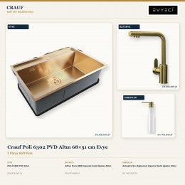 Crauf Poli 6302 PVD Altın 68×51 cm Evye + Attivo Pure 4065 Batarya + Aynı Renk Sabunluk | 3 Parça Soft Pure
