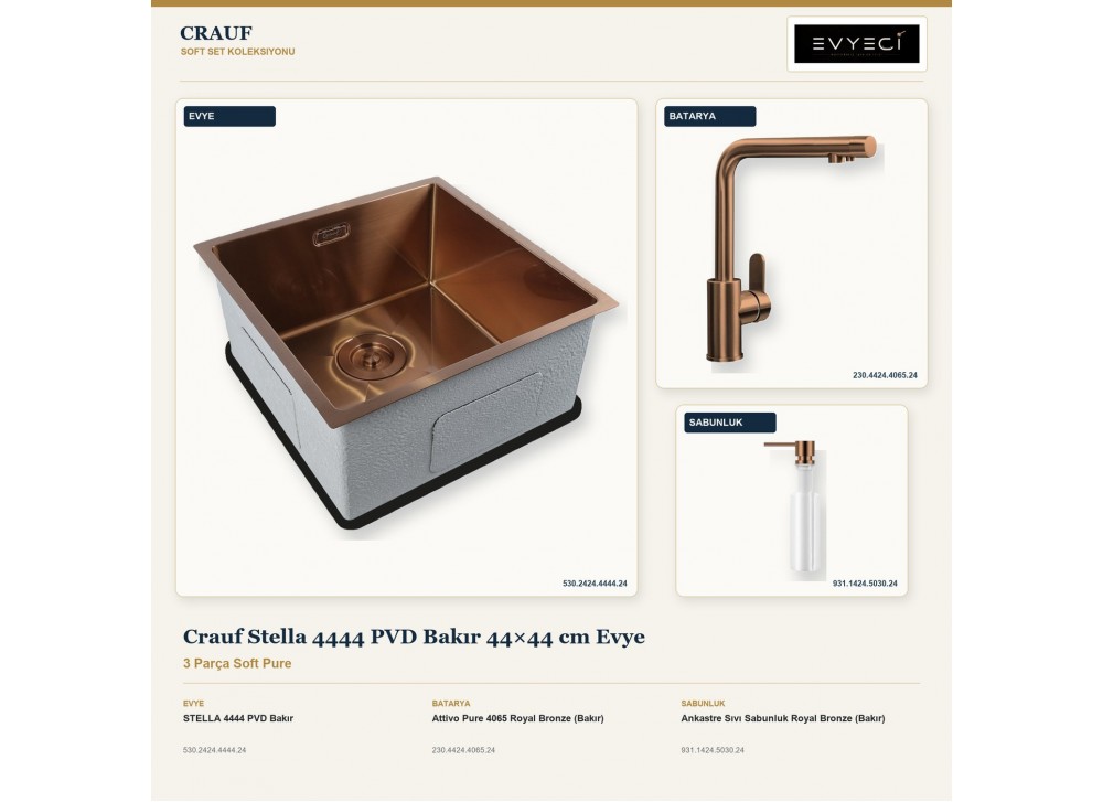 Crauf Stella 4444 PVD Bakır 44×44 cm Evye + Attivo Pure 4065 Batarya + Aynı Renk Sabunluk | 3 Parça Soft Pure Crauf Stella 4444 PVD Bakır 44×44 cm Evye + Attivo Pure 4065 Batarya + Aynı Renk Sabunluk | 3 Parça Soft Pure