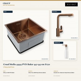 Crauf Stella 4444 PVD Bakır 44×44 cm Evye + Attivo Pure 4065 Batarya + Aynı Renk Sabunluk | 3 Parça Soft Pure