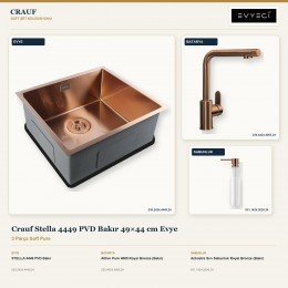 Crauf Stella 4449 PVD Bakır 49×44 cm Evye + Attivo Pure 4065 Batarya + Aynı Renk Sabunluk | 3 Parça Soft Pure