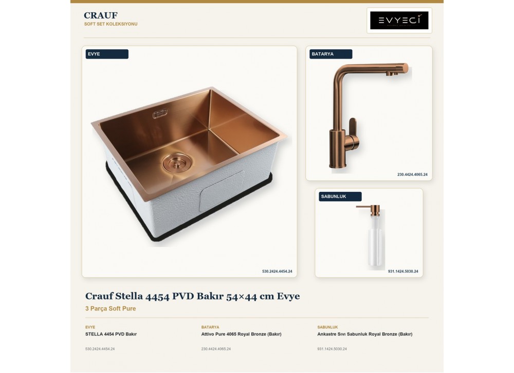 Crauf Stella 4454 PVD Bakır 54×44 cm Evye + Attivo Pure 4065 Batarya + Aynı Renk Sabunluk | 3 Parça Soft Pure